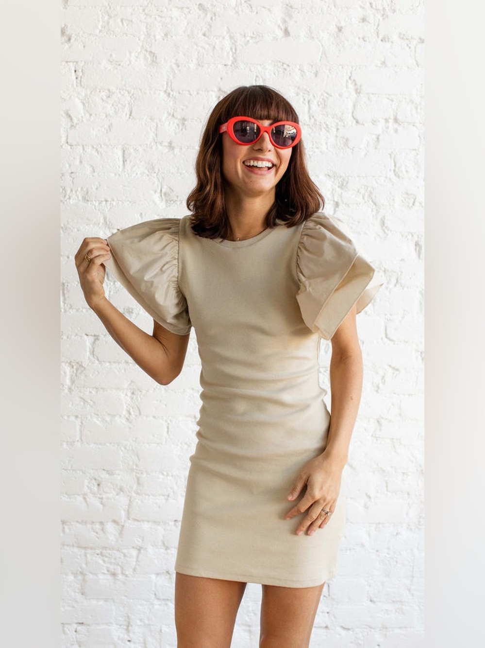 Miou Muse Ribbed Body With Ruffled Sleeve Dress in Sand Small
